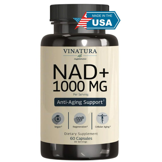 VINATURA NAD+ 1000mg bottle front signals potent daily energy support