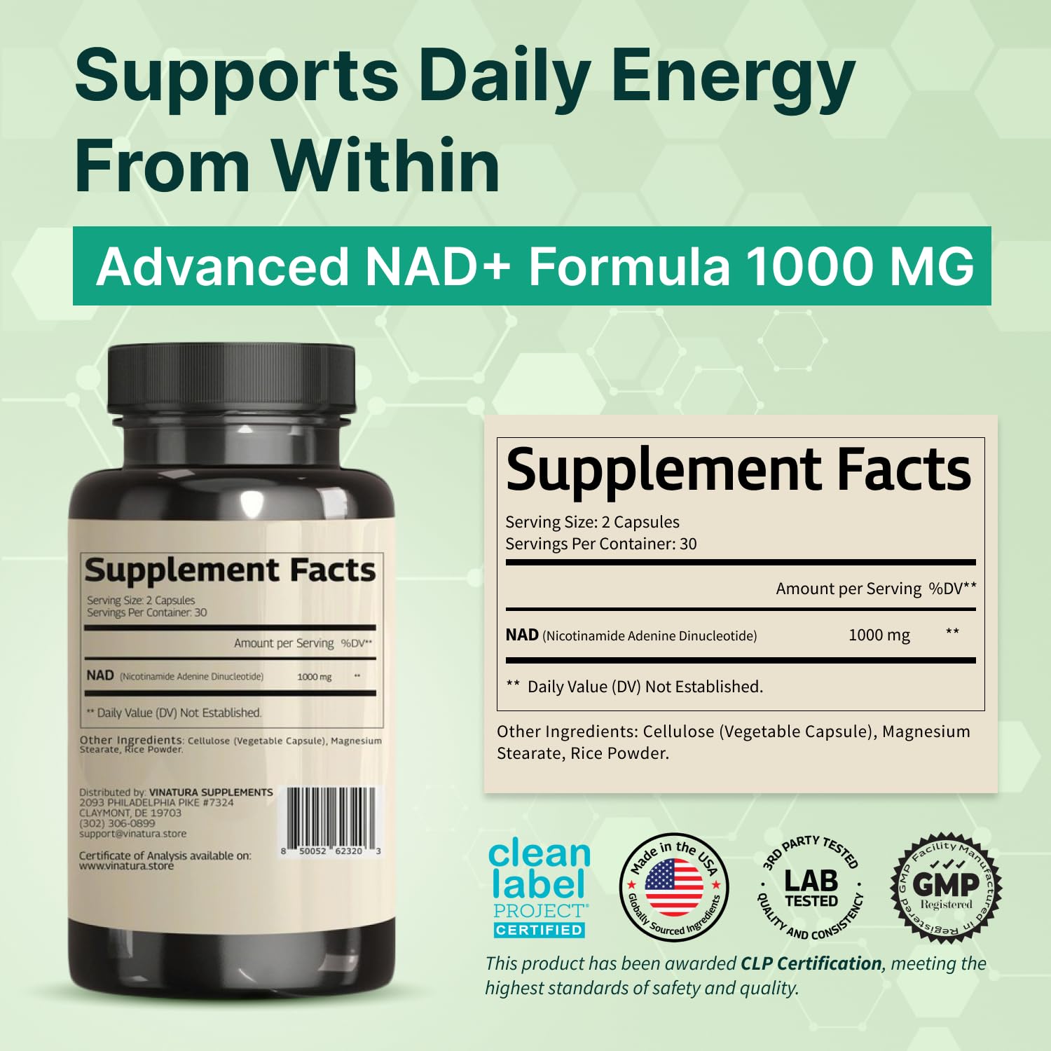 VINATURA NAD+ 1000mg bottle label close-up highlighting 60 capsules