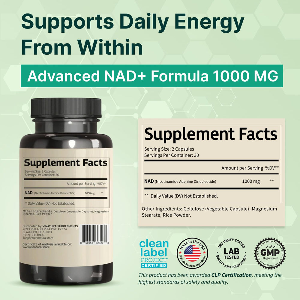 VINATURA NAD+ 1000mg bottle label close-up highlighting 60 capsules