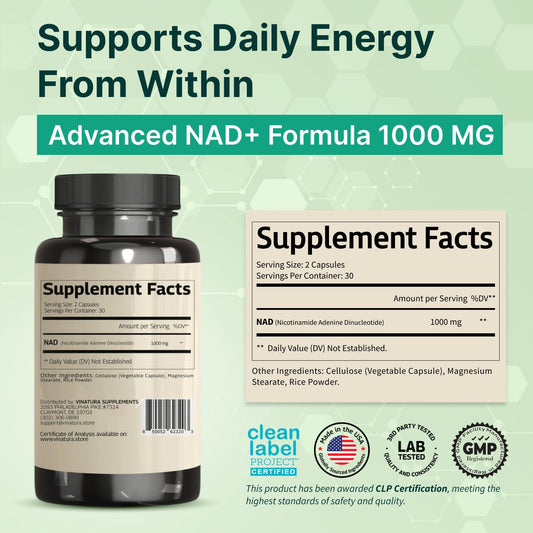 VINATURA NAD+ 1000mg bottle label close-up highlighting 60 capsules