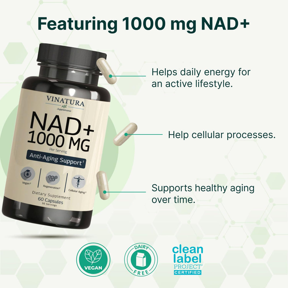 VINATURA NAD+ 1000mg bottle opened with capsules ready to take