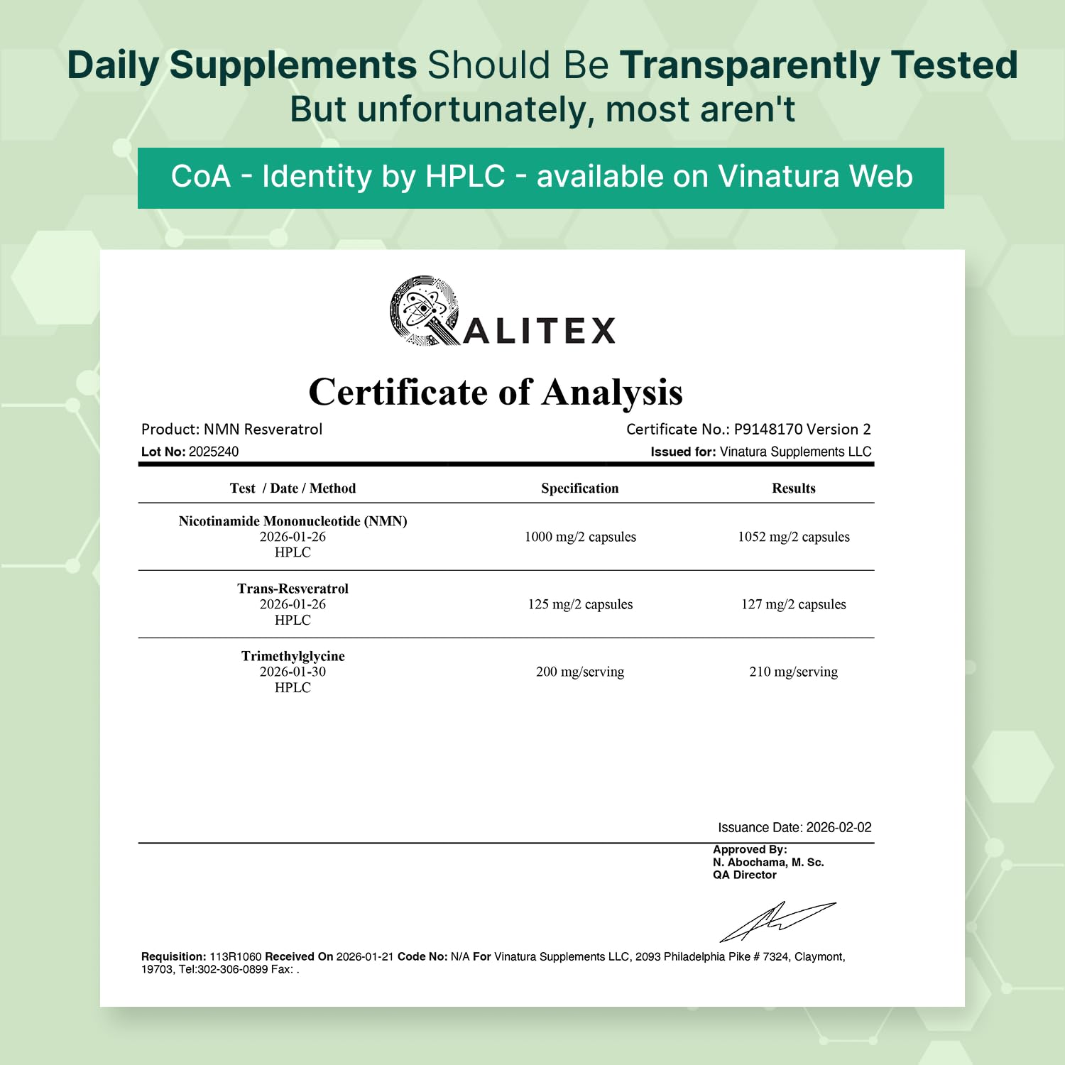 VINATURA NMN Complex bottle label detailing 1325mg NMN blend with resveratrol and TMG