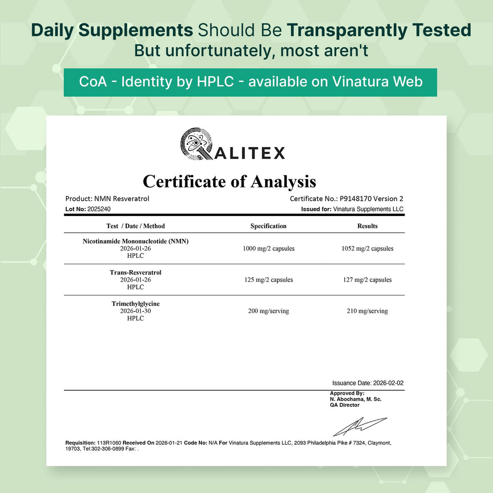 VINATURA NMN Complex bottle label detailing 1325mg NMN blend with resveratrol and TMG