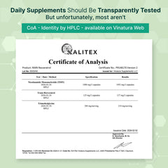 VINATURA NMN Complex bottle label detailing 1325mg NMN blend with resveratrol and TMG
