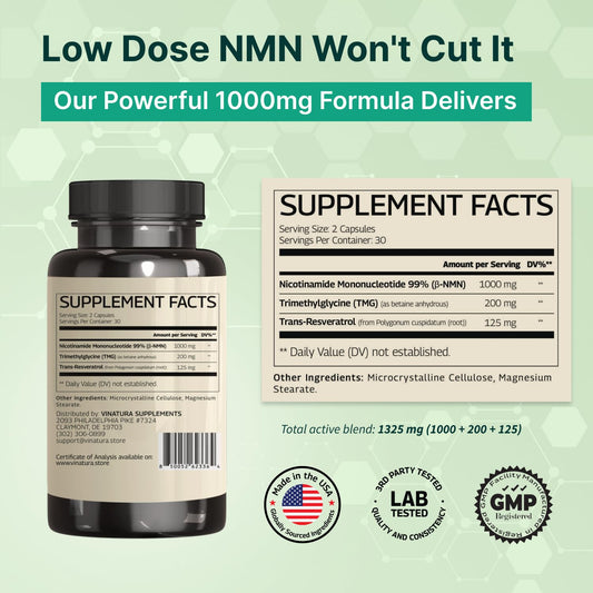 Close-up of VINATURA NMN Complex capsules highlighting vegan, gluten-free formulation