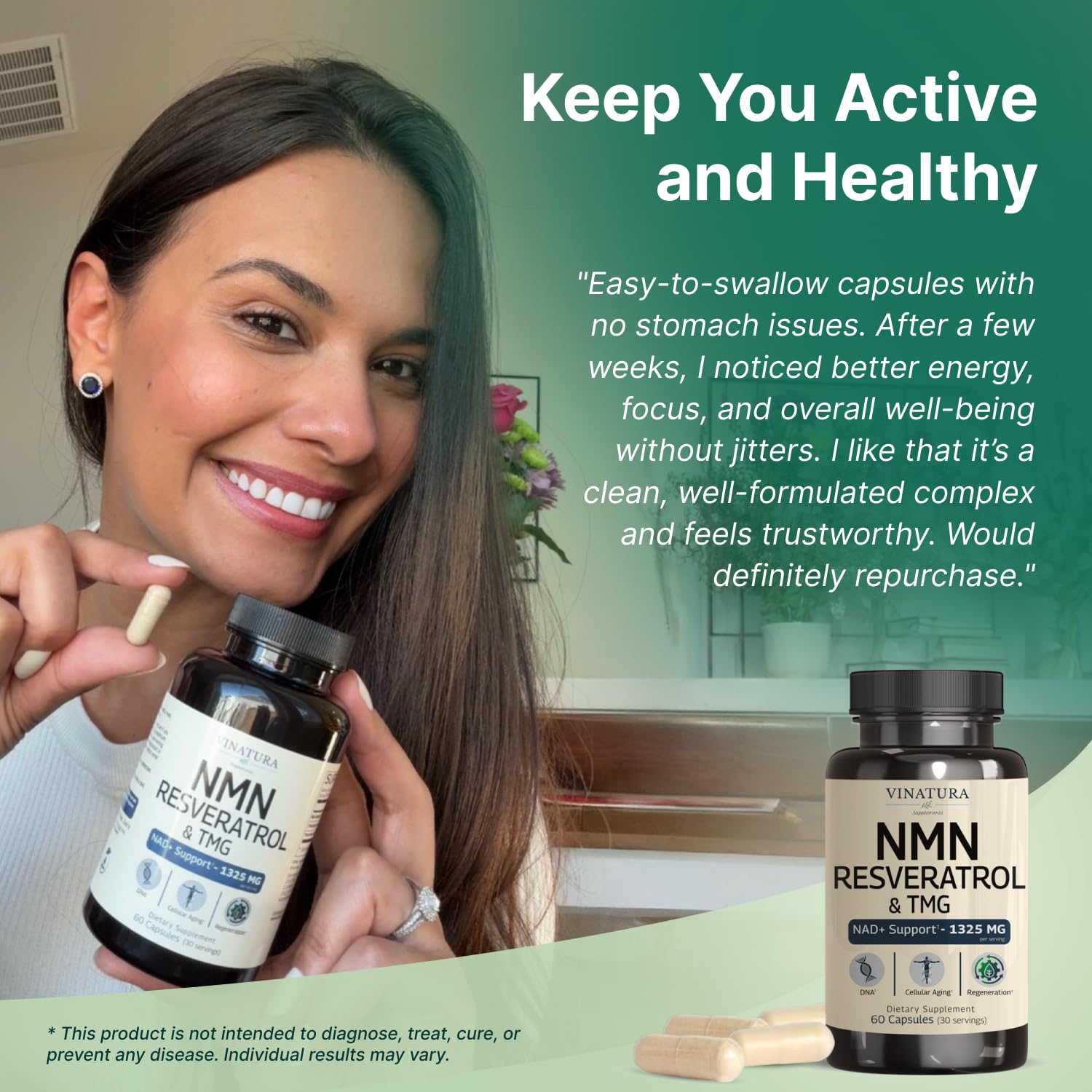 VINATURA NMN Complex ingredients panel featuring resveratrol and TMG with NMN