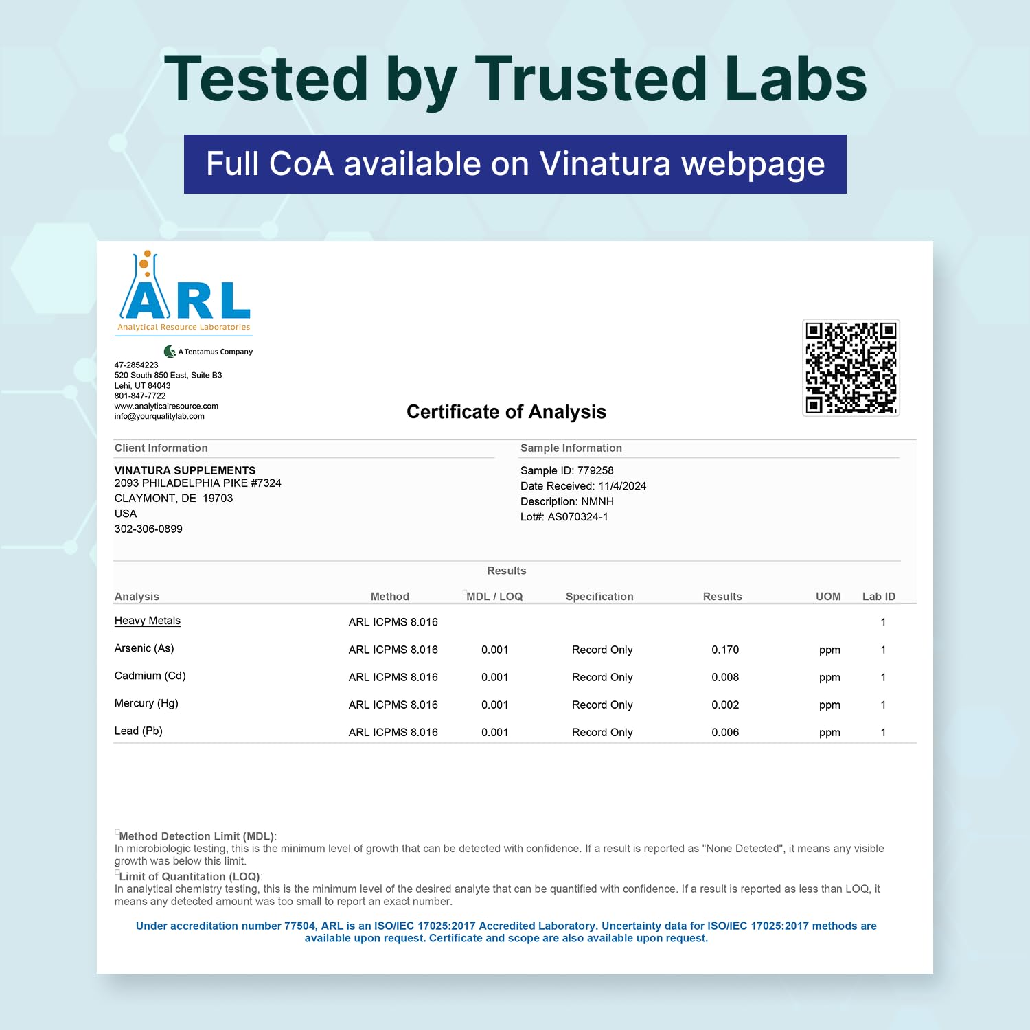 VINATURA NMNH ingredient list highlights clean, allergen-free profile.