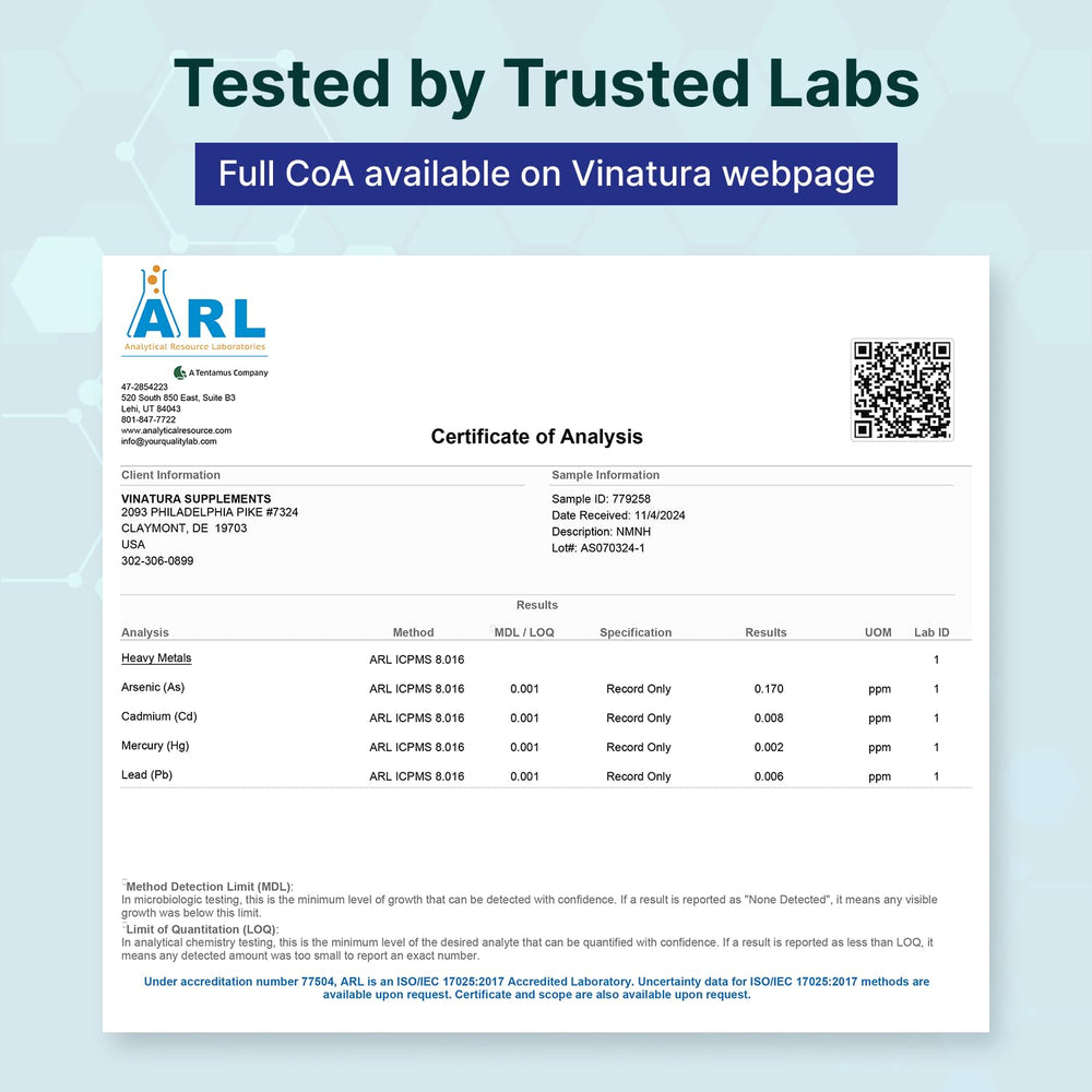 VINATURA NMNH ingredient list highlights clean, allergen-free profile.