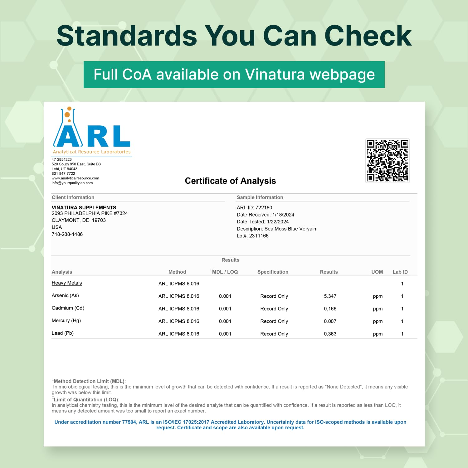 VINATURA quality testing seal indicating USA-based production