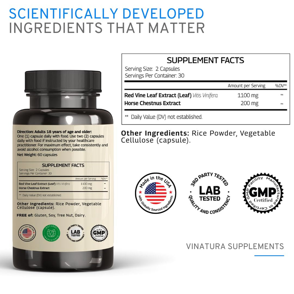 VINATURA Red Vine Leaf Extract capsules ready for daily vein support