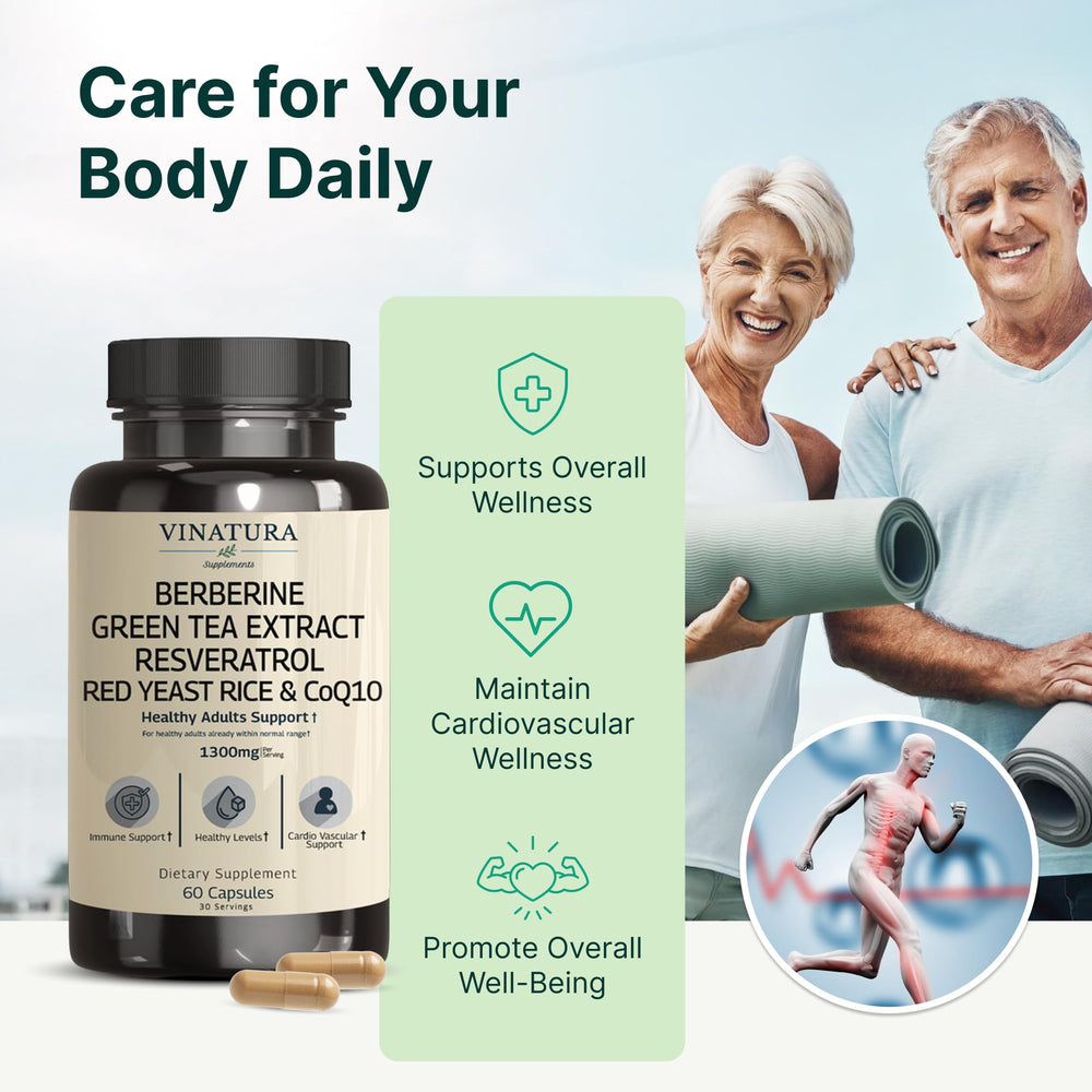 VINATURA Red Yeast Rice with CoQ10 bottle emphasizing cellular energy support
