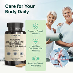 VINATURA Red Yeast Rice with CoQ10 bottle emphasizing cellular energy support