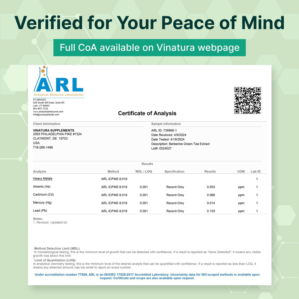 VINATURA third-party testing label confirms USA-origin and quality checks