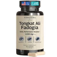 VINATURA Tongkat Ali Fadogia bottle label highlighting USA-made formula for peak performance