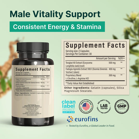 VINATURA Tongkat Ali Fadogia capsules pack showing concentrated 1200mg blend for daily stamina