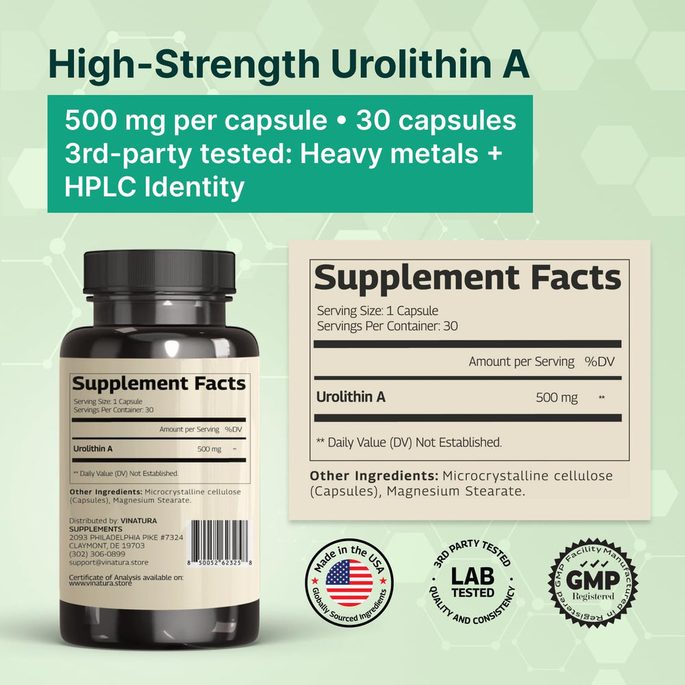 Closeup of VINATURA Urolithin A capsules highlighting purity and antioxidant support.