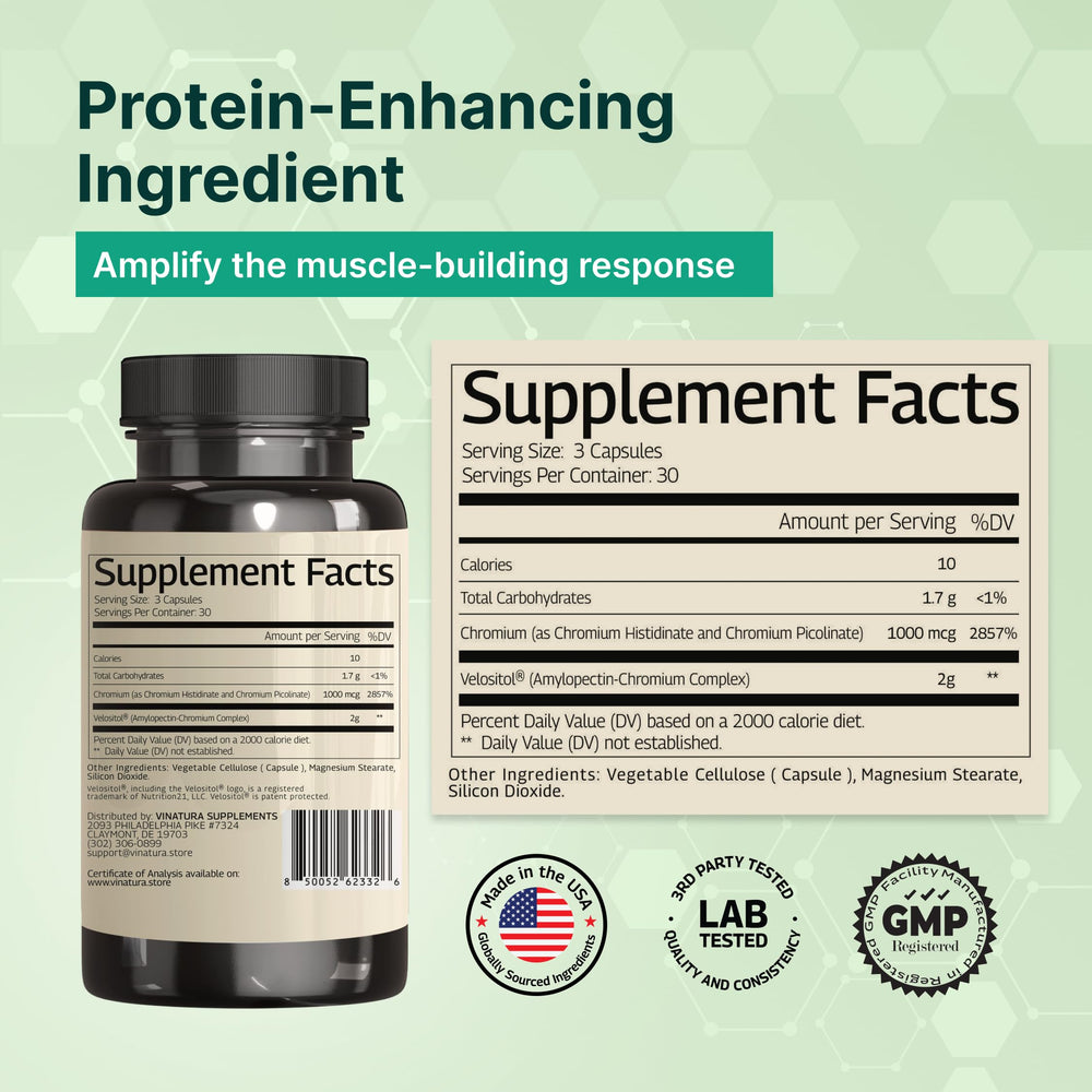 VINATURA Velositol bottle back highlights dosage and ingredients for recovery.
