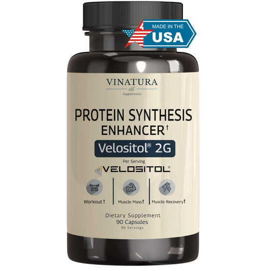 VINATURA Velositol bottle front offers protein support for workouts.
