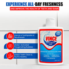 Vince Gum & Mouth Care water mix rinse for a gentle, alcohol-free cleanse.