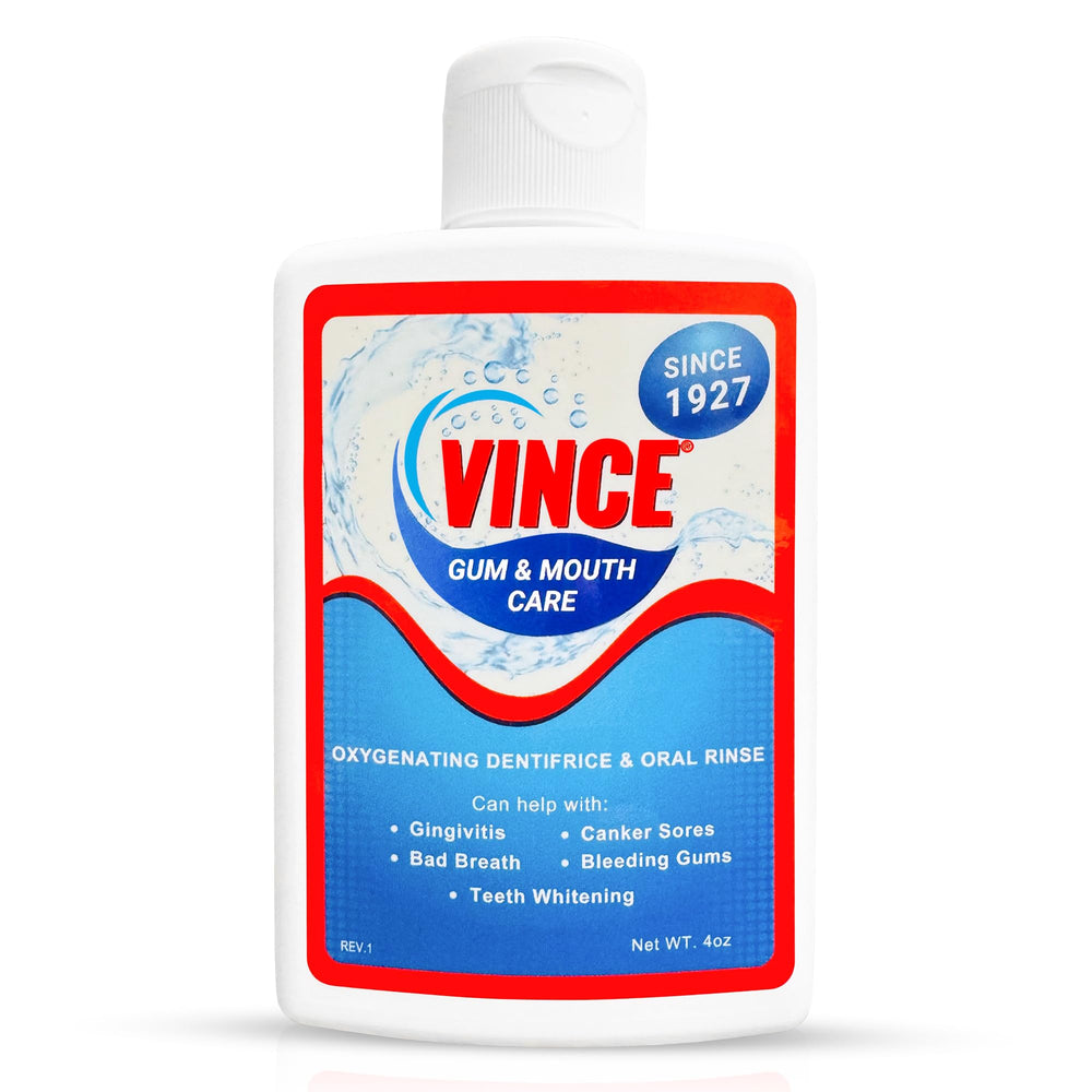 Vince Gum & Mouth Powder tin closeup for daily dentifrice use and gum support