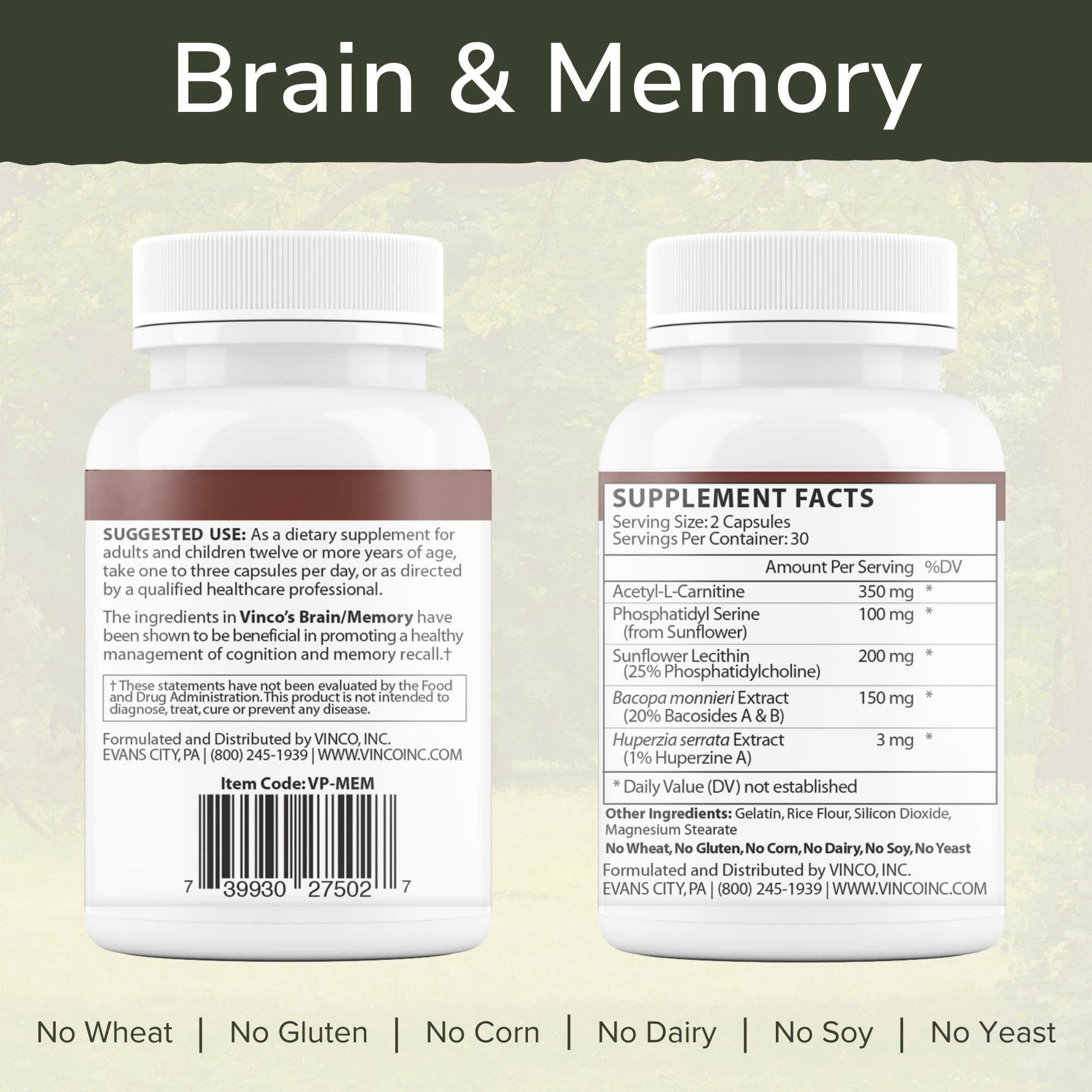 Vinco Brain & Memory capsules poured for convenient daily intake.