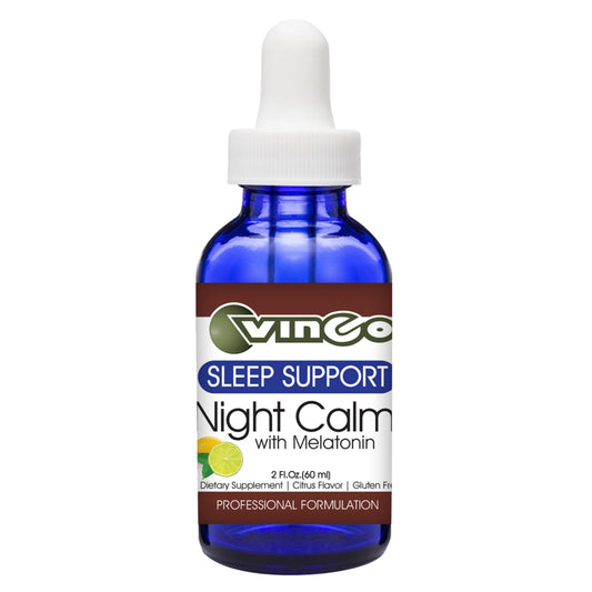 Vinco Night Calm bottle promotes restful sleep with melatonin and soothing ingredients.