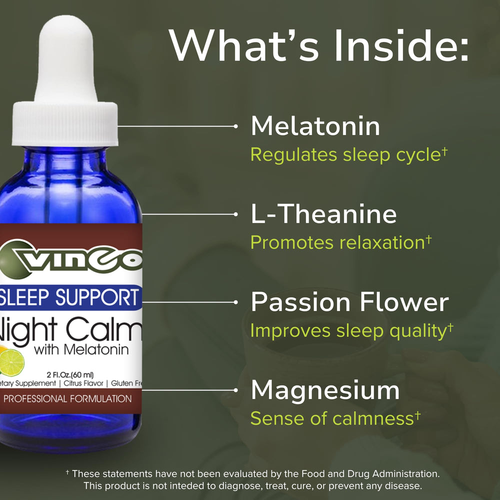 Vinco Night Calm ingredients icons show melatonin and L-Theanine supporting relaxation.