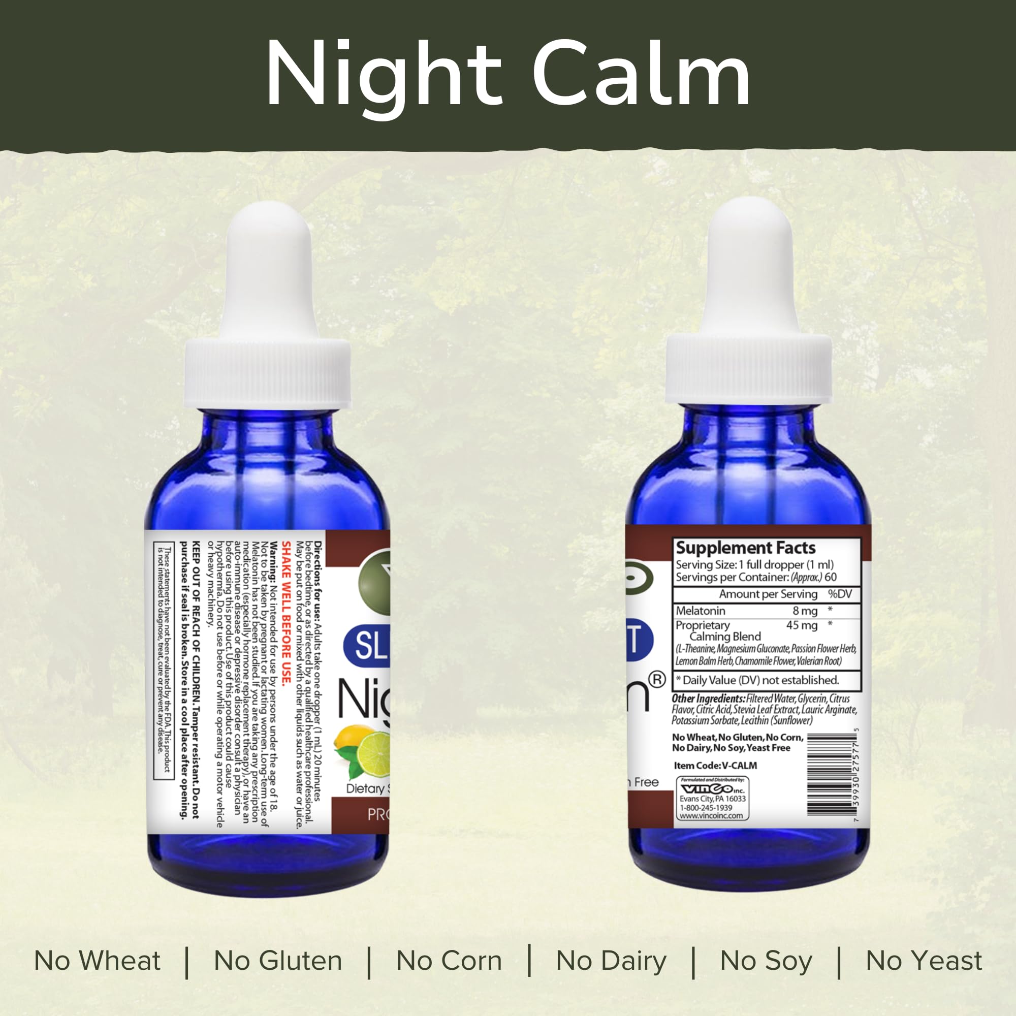 Vinco Night Calm label closeup highlights vegetarian, gluten-free formulation for daily calm.