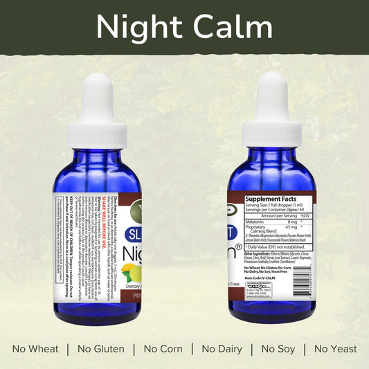 Vinco Night Calm label closeup highlights vegetarian, gluten-free formulation for daily calm.