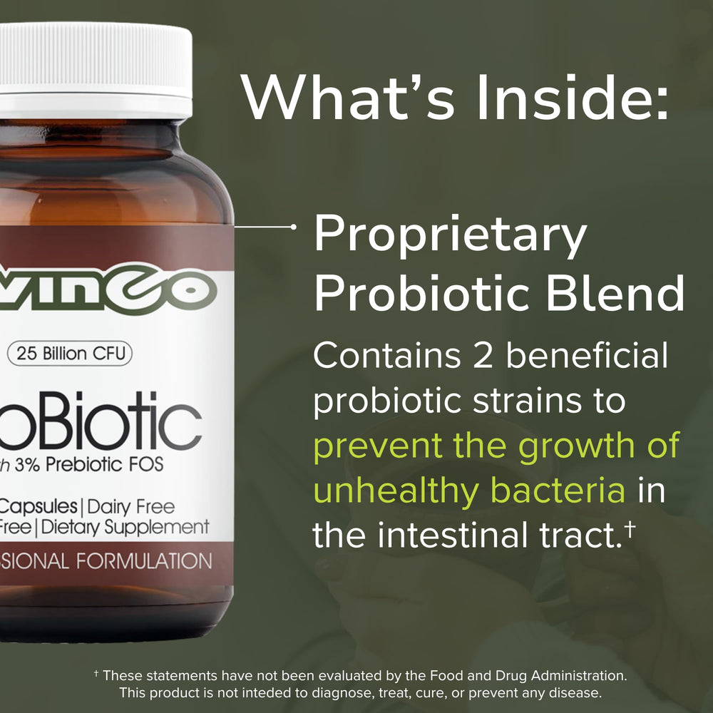 Vinco probiotic daily supplement packaging with box and bottle signaling reliability and quality