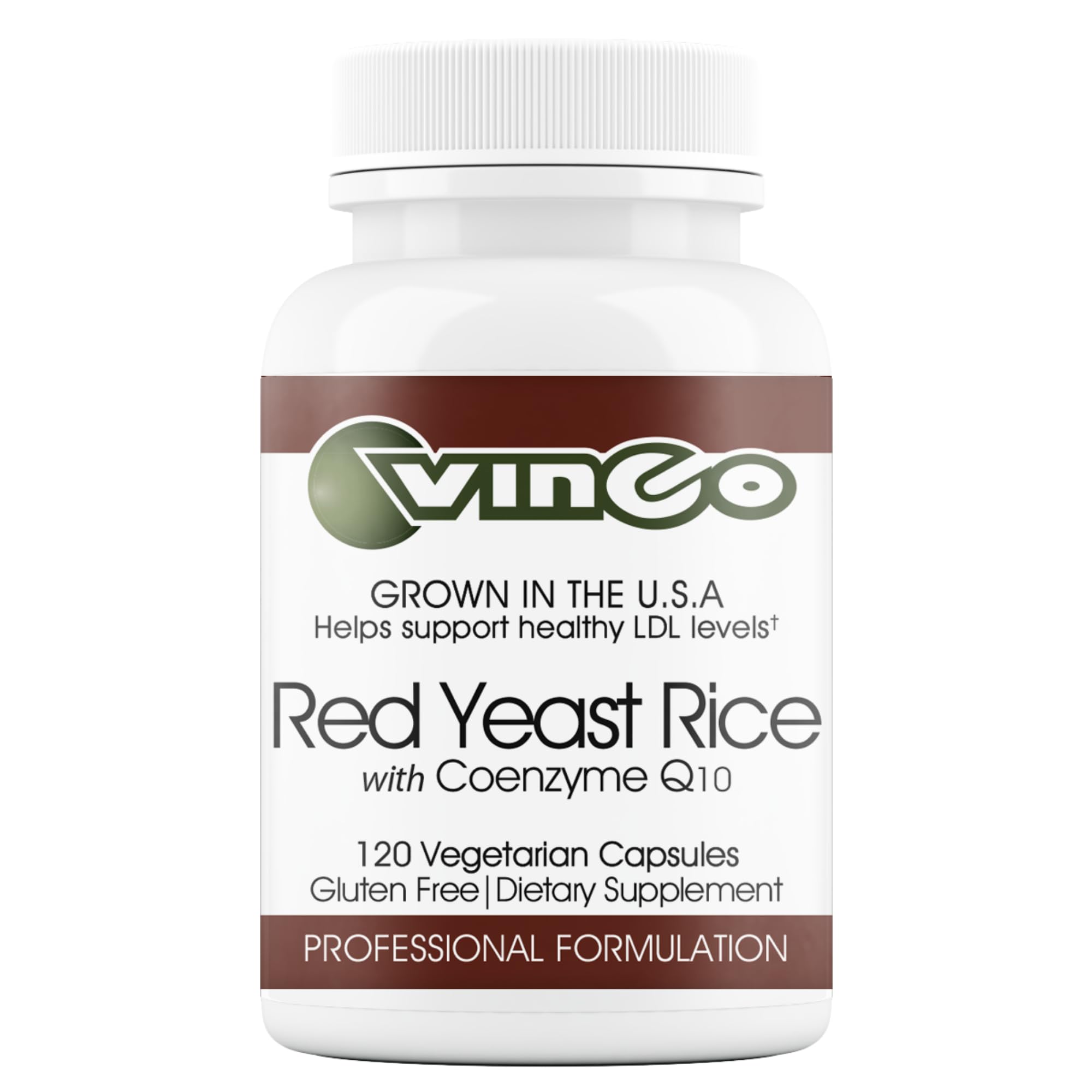 Vinco red yeast rice coq10 120 capsules bottle, convenient daily supplement for wellness.