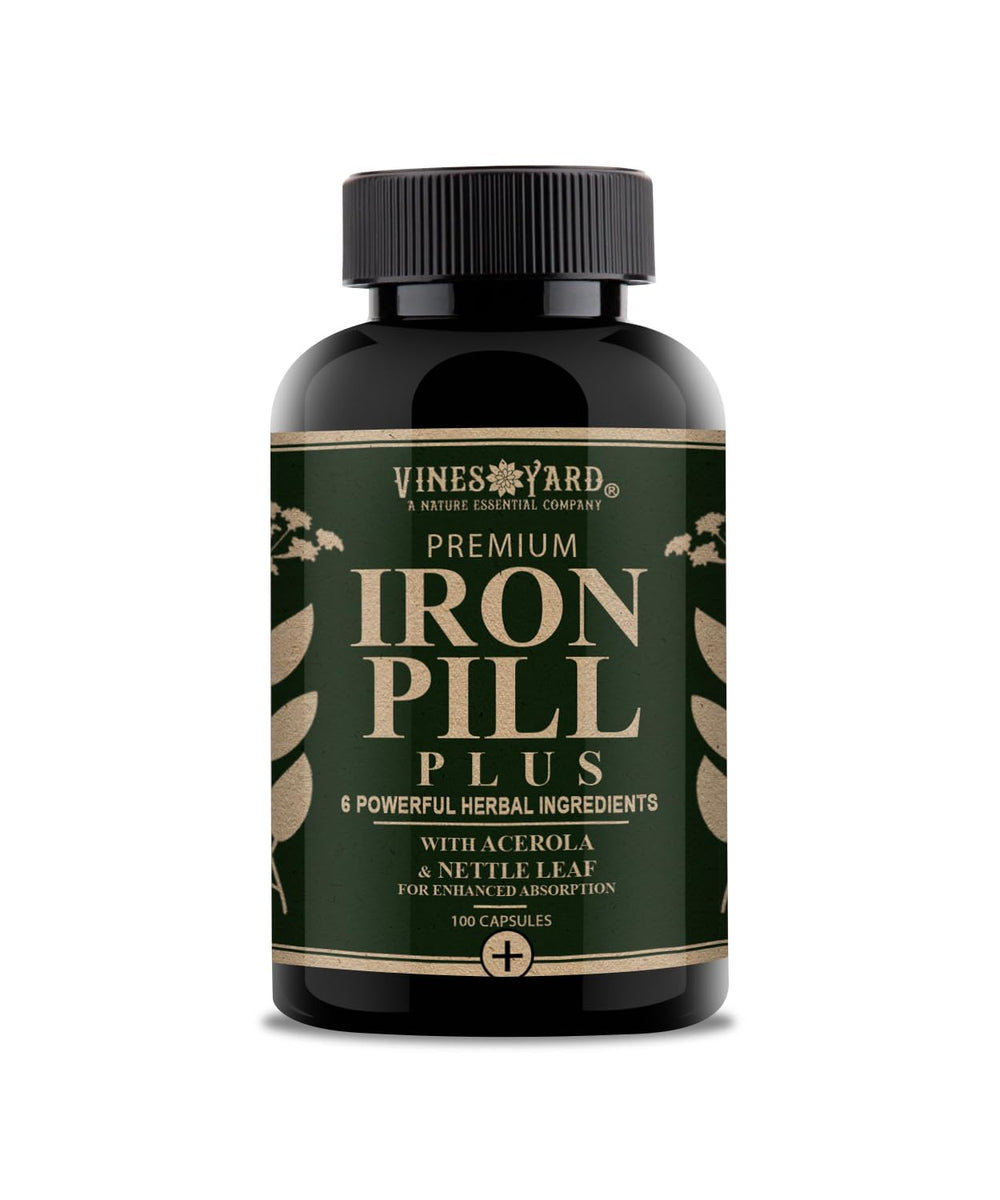 Vines Yard Iron Pill Plus bottle front—plant-based energy support