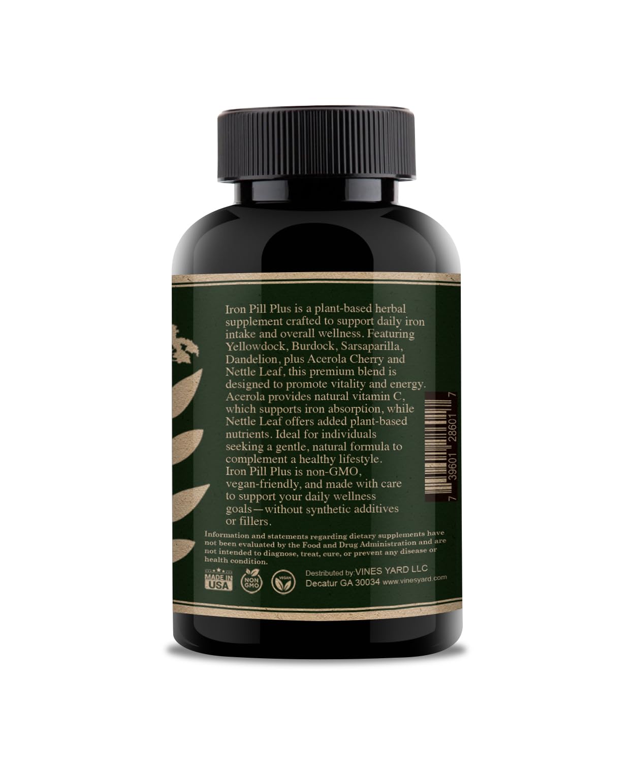 Vines Yard Iron Pill Plus ingredients label highlighting Yellow Dock and Burdock Root