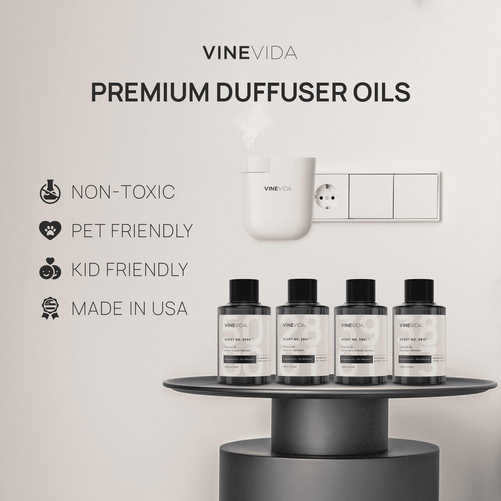 VINEVIDA diffuser oil bottle close-up highlights premium formula and clarity.