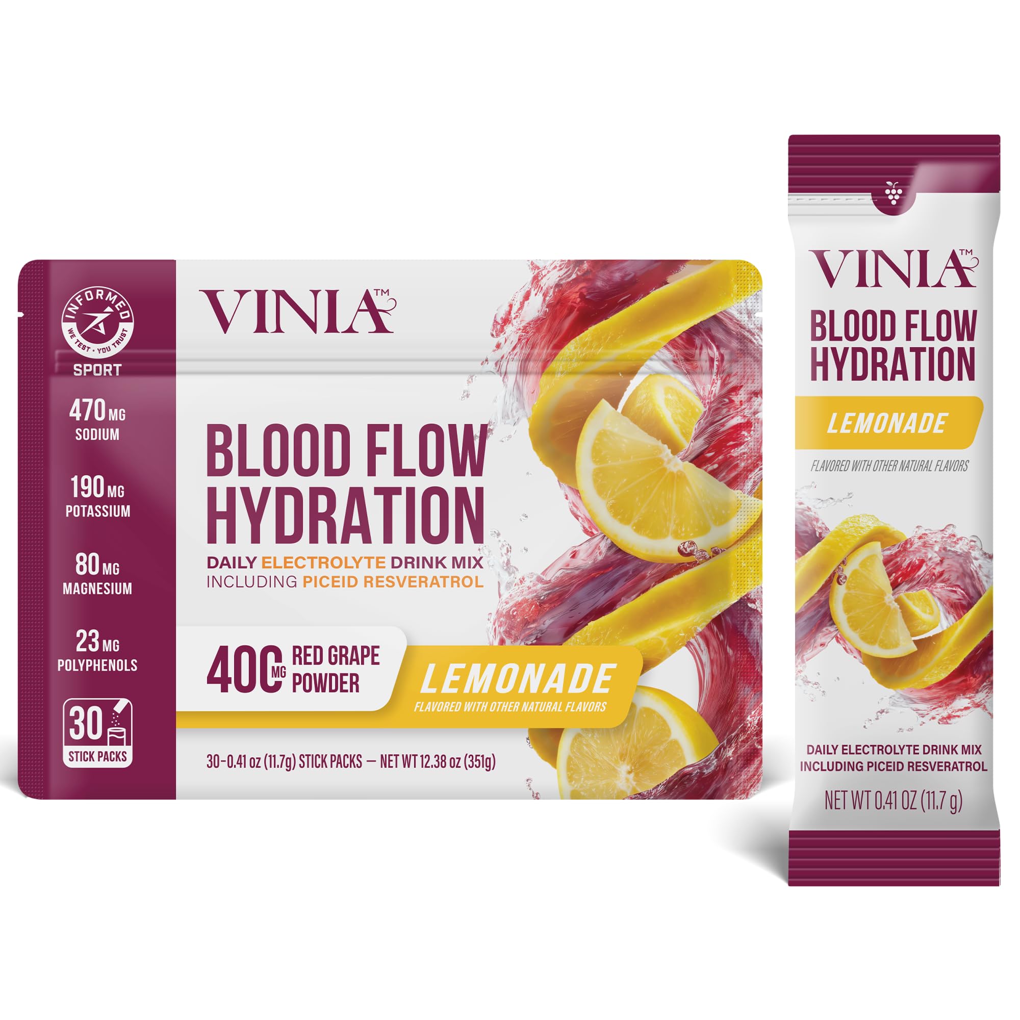VINIA resveratrol electrolyte hydration lemonade stick – convenient on-the-go hydration.