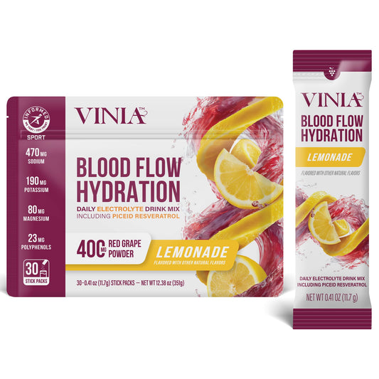 VINIA resveratrol electrolyte hydration lemonade stick – convenient on-the-go hydration.