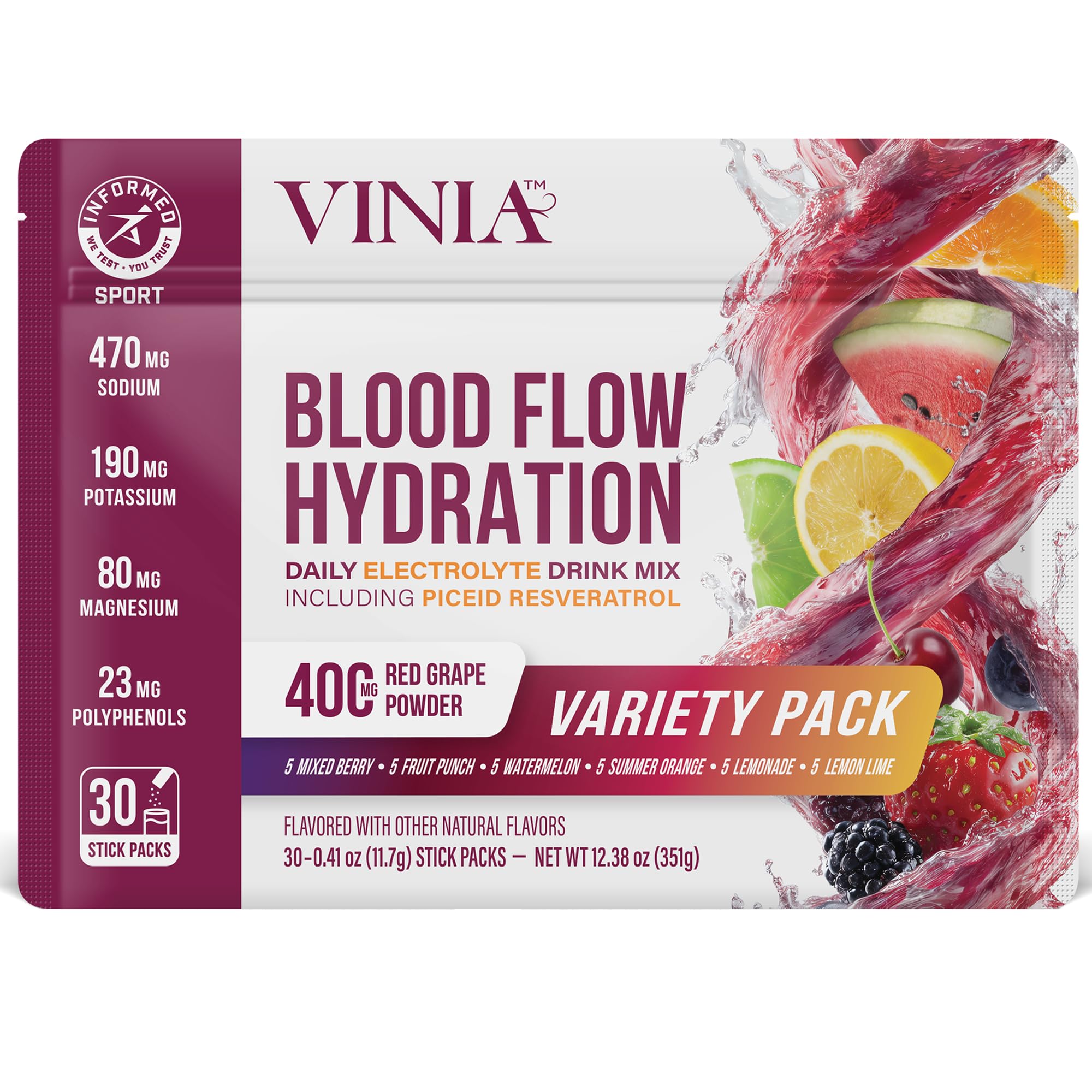 VINIA resveratrol electrolyte hydration sticks pack ready for on the go hydration