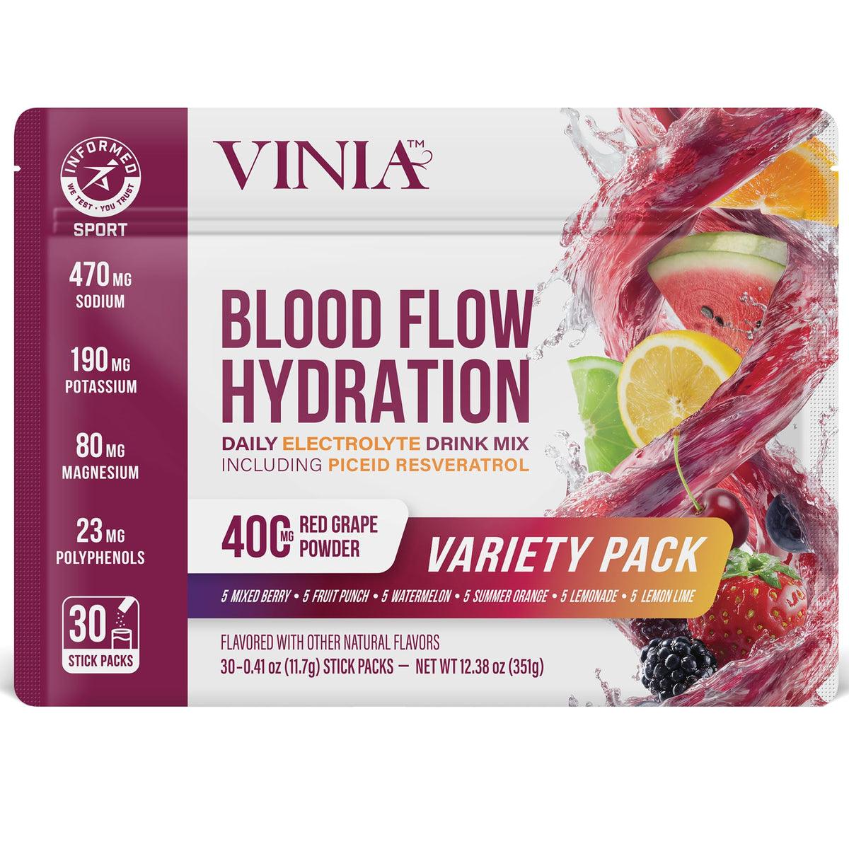 VINIA resveratrol electrolyte hydration sticks pack ready for on the go hydration