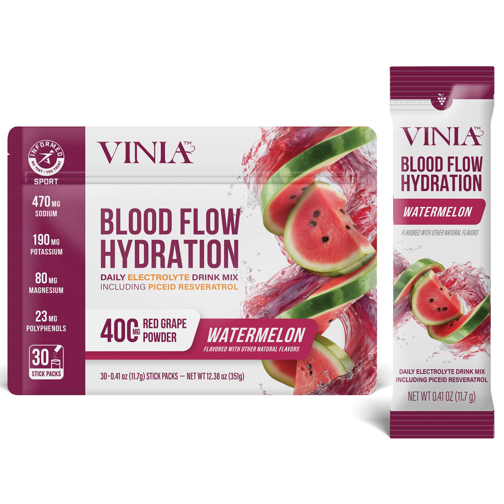VINIA hydration powder in watermelon packaging ready to mix for daily circulation support.