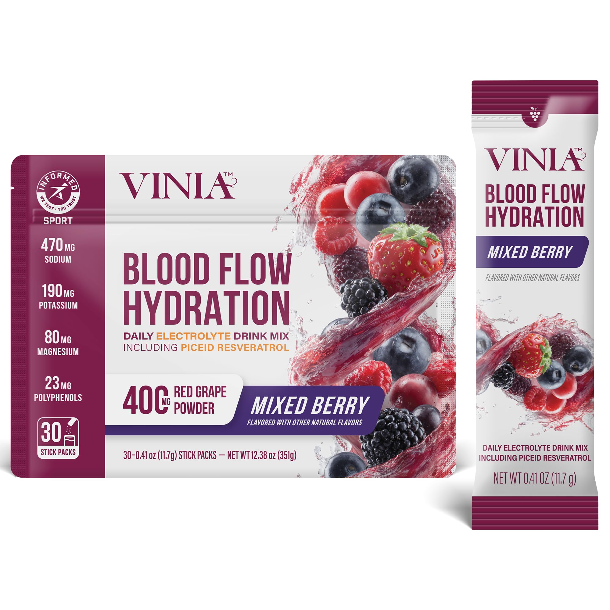 VINIA Resveratrol electrolyte sticks in Berry packaging for hydration support