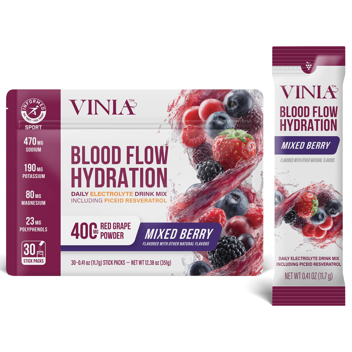 VINIA Resveratrol electrolyte sticks in Berry packaging for hydration support