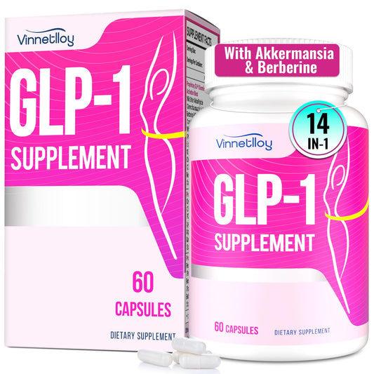 VINNETLLOY GLP-1 supplement bottle front shows vegan capsules for daily wellness support.