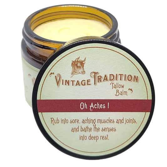 Vintage Tradition Oh Aches balm jar shows a thick creamy texture ideal for daily joint and muscle comfort