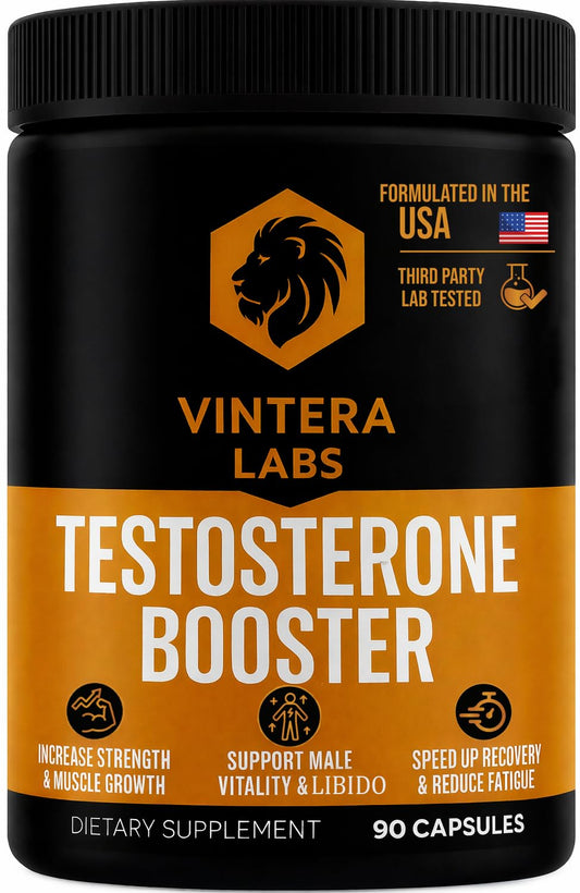 VINTERA LABS Testosterone Booster bottle on shelf highlighting sturdy packaging for daily use