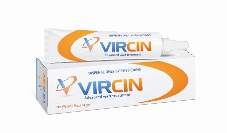 VIRCIN bottle label showing advanced wart treatment for at-home use and clear instructions.