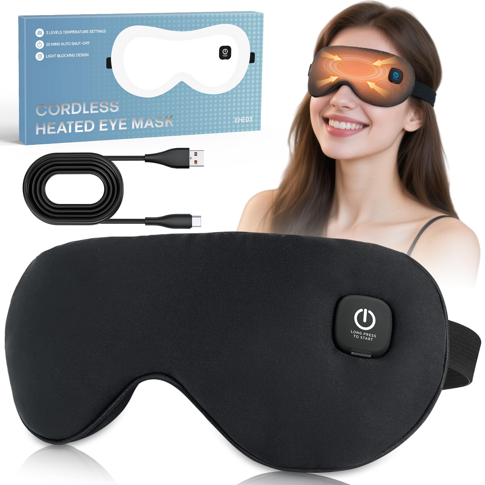 Visader cordless heated eye mask front view for travel-friendly relief.