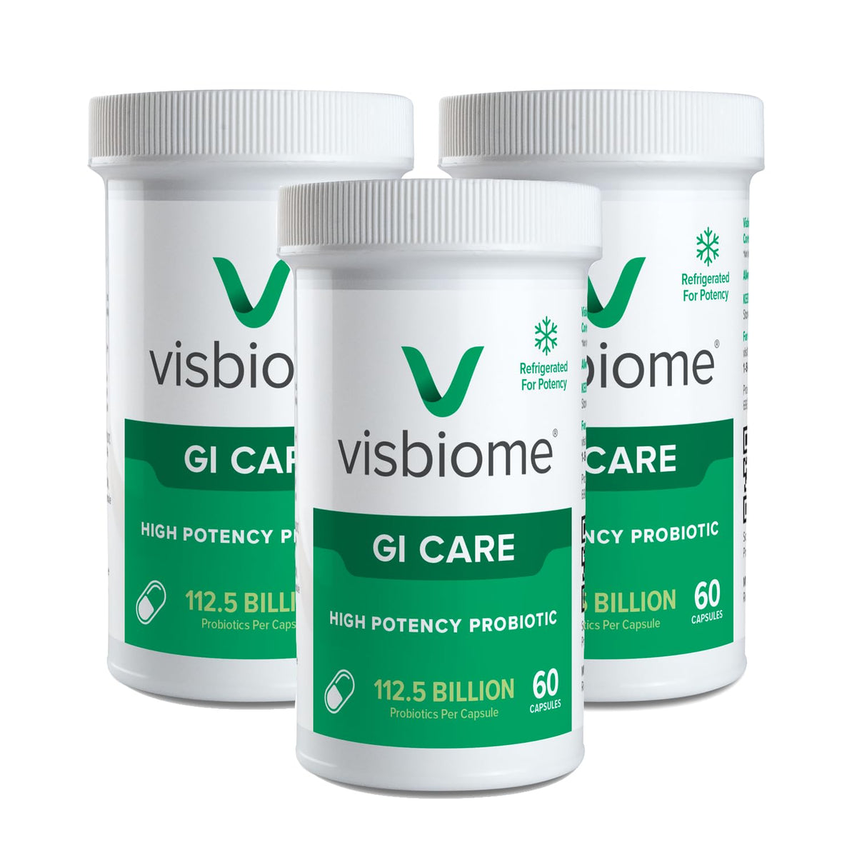 Visbiome GI Care bottle front shows high-potency 112.5B CFU for gut support.