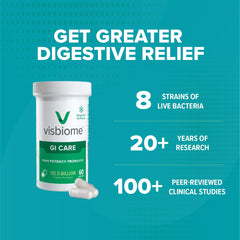Visbiome GI Care bottle side lists strains and De Simone formulation for trusted probiotic care.