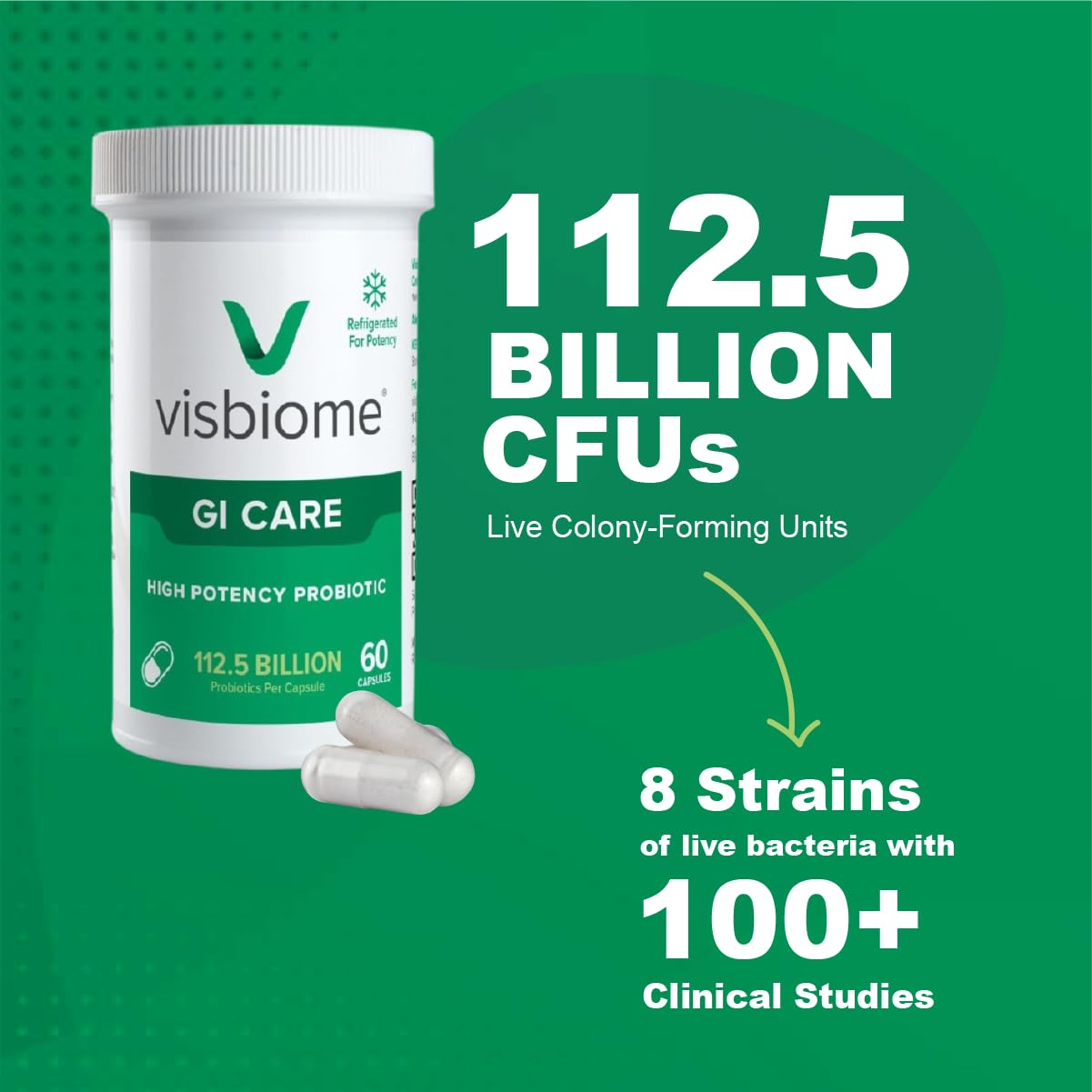 Visbiome GI Care capsules closeup highlights an 180-count daily option.