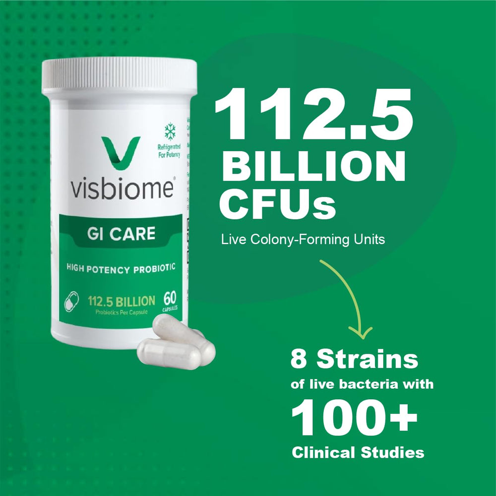Visbiome GI Care capsules closeup highlights an 180-count daily option.